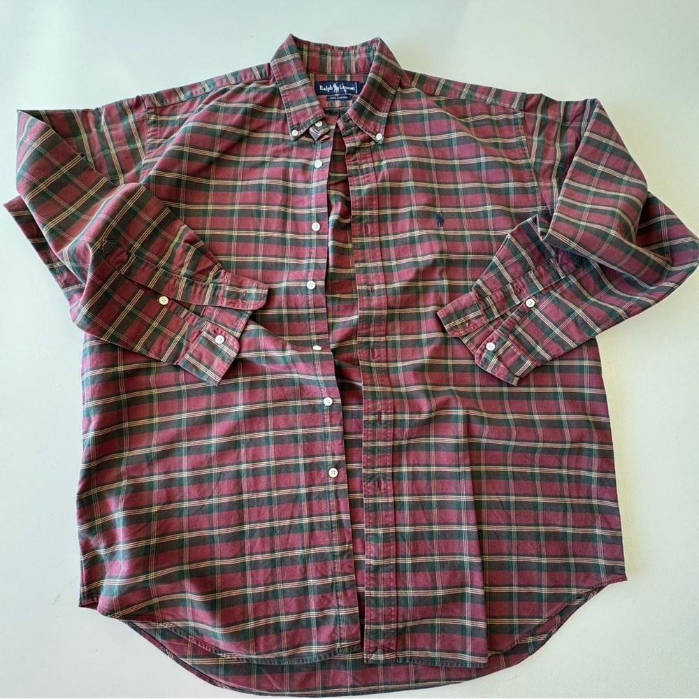 Ralph Lauren Men's Burgundy Red Green Plaid Shirt VINTAGE 90s Large